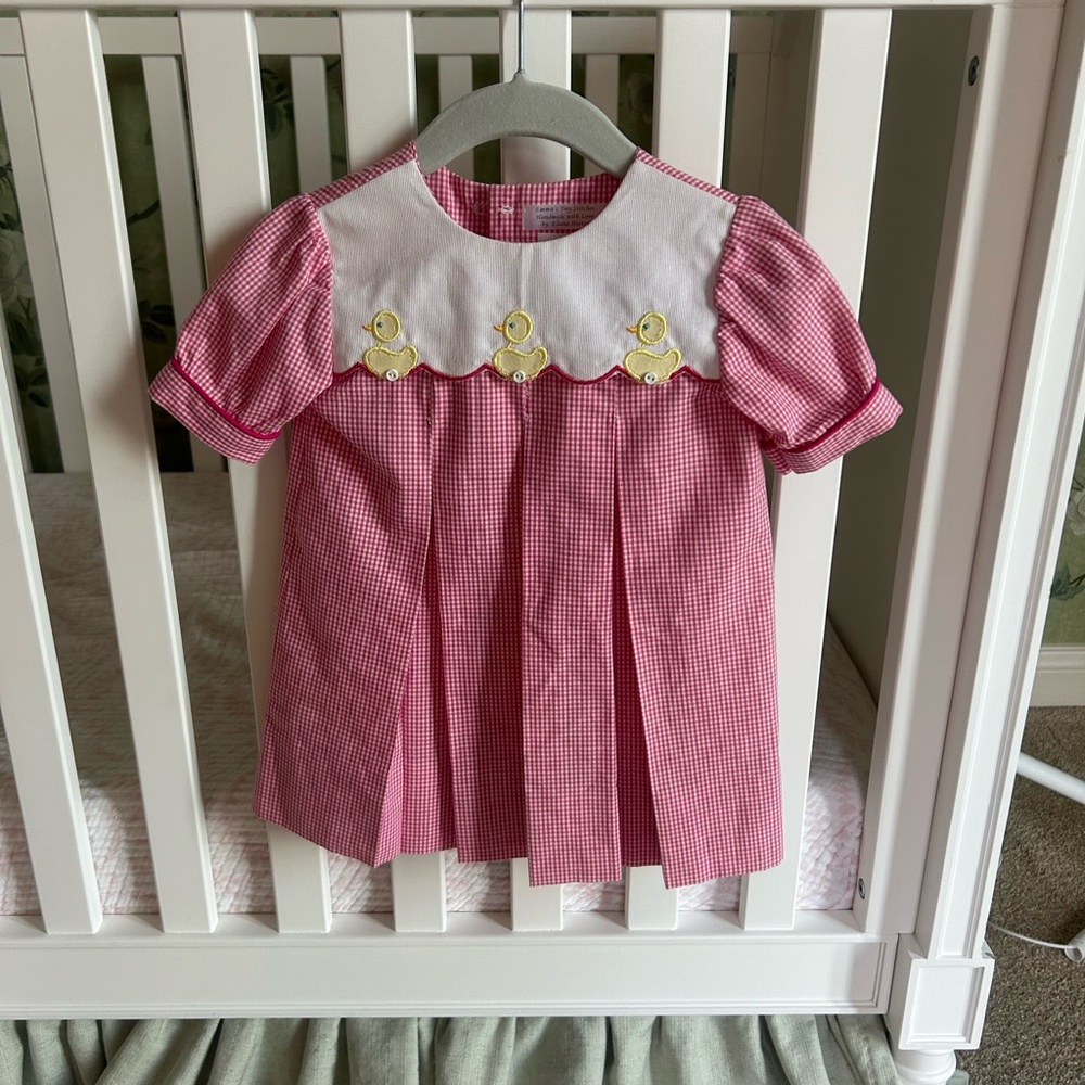 Pink Gingham Kids Dress with Duck Appliqué